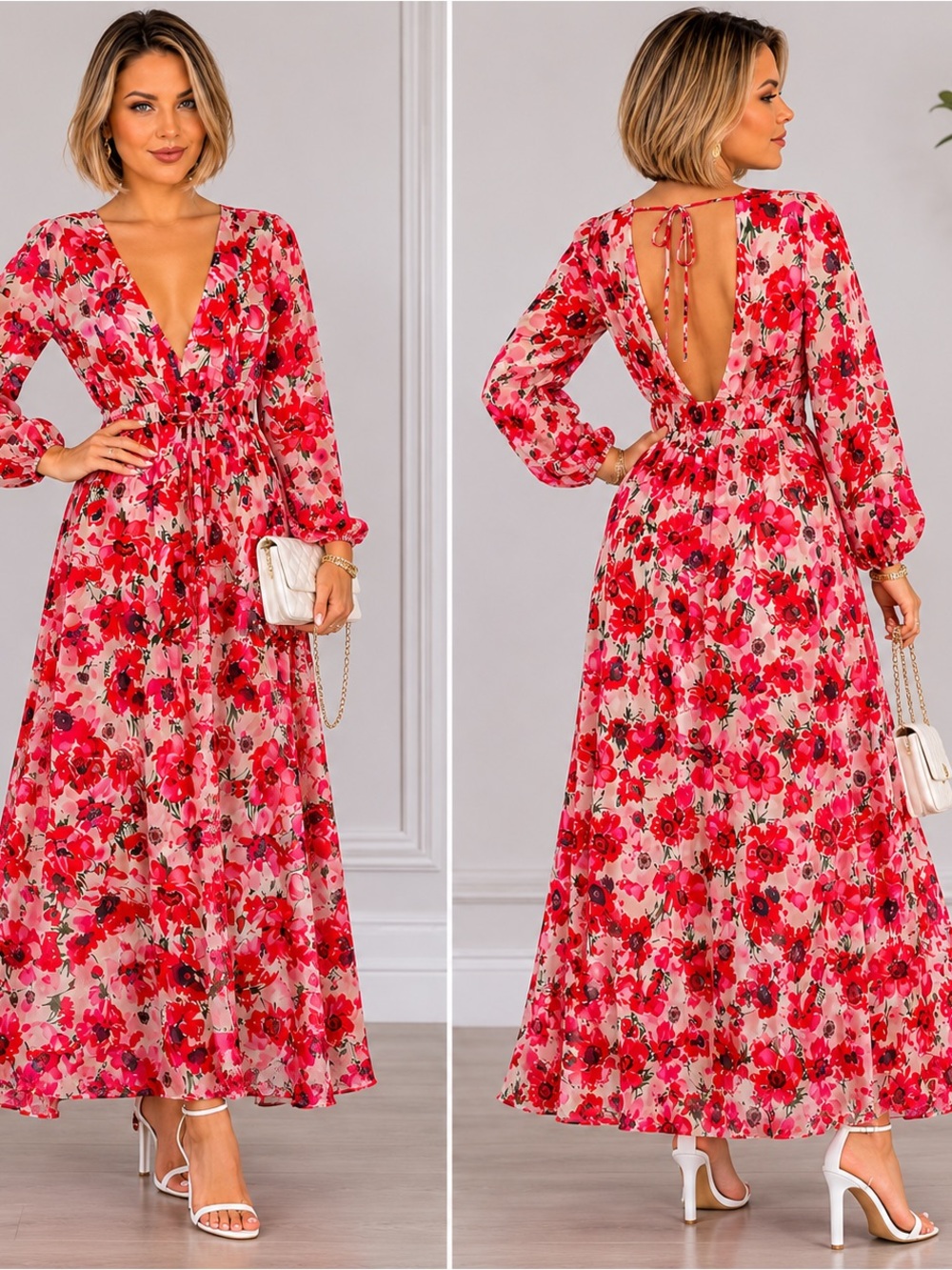 Tropical Elegant Pink and Red Floral Long Dress with Open Back – Size M